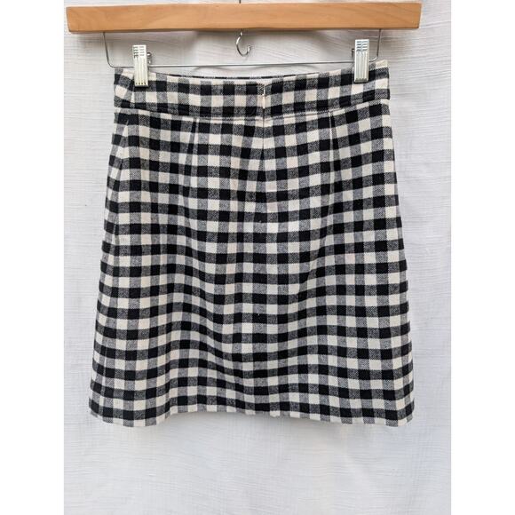 J Crew Women's Wool Blend Buffalo Plaid Mini Skirt Sz 0 Black White Academia - Picture 2 of 6